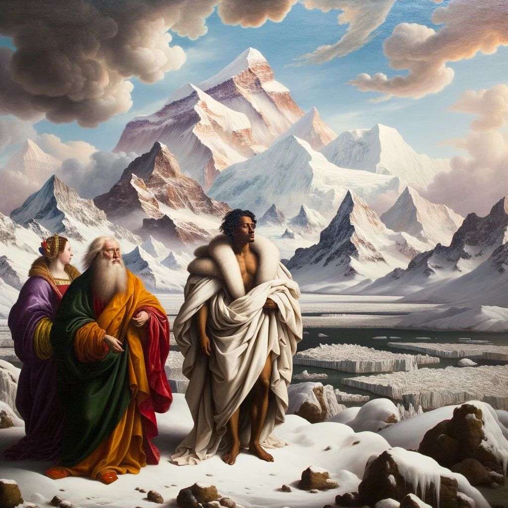 someone gazing at Mount Everest, painting, renaissance style
